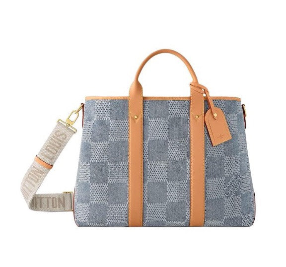 Louis Vuitton Casual Blue Checkered Denim Tote Bag with Tan Leather Trim