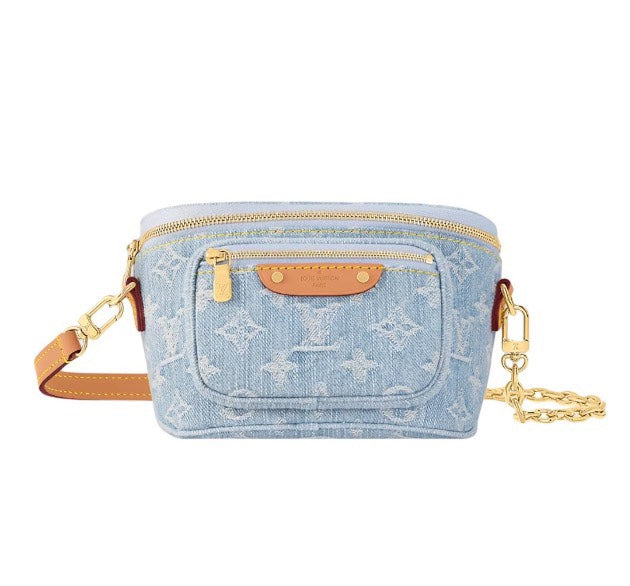 Louis Vuitton Light Blue Denim Monogram Crossbody Bag with Gold Chain Strap