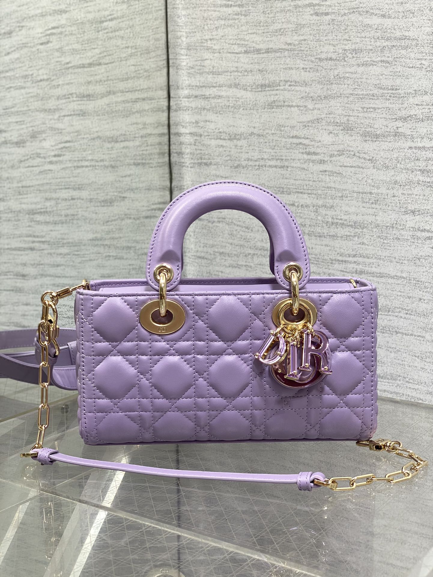 Dior Lavender Quilted Leather Handbag with Detachable Shoulder Strap