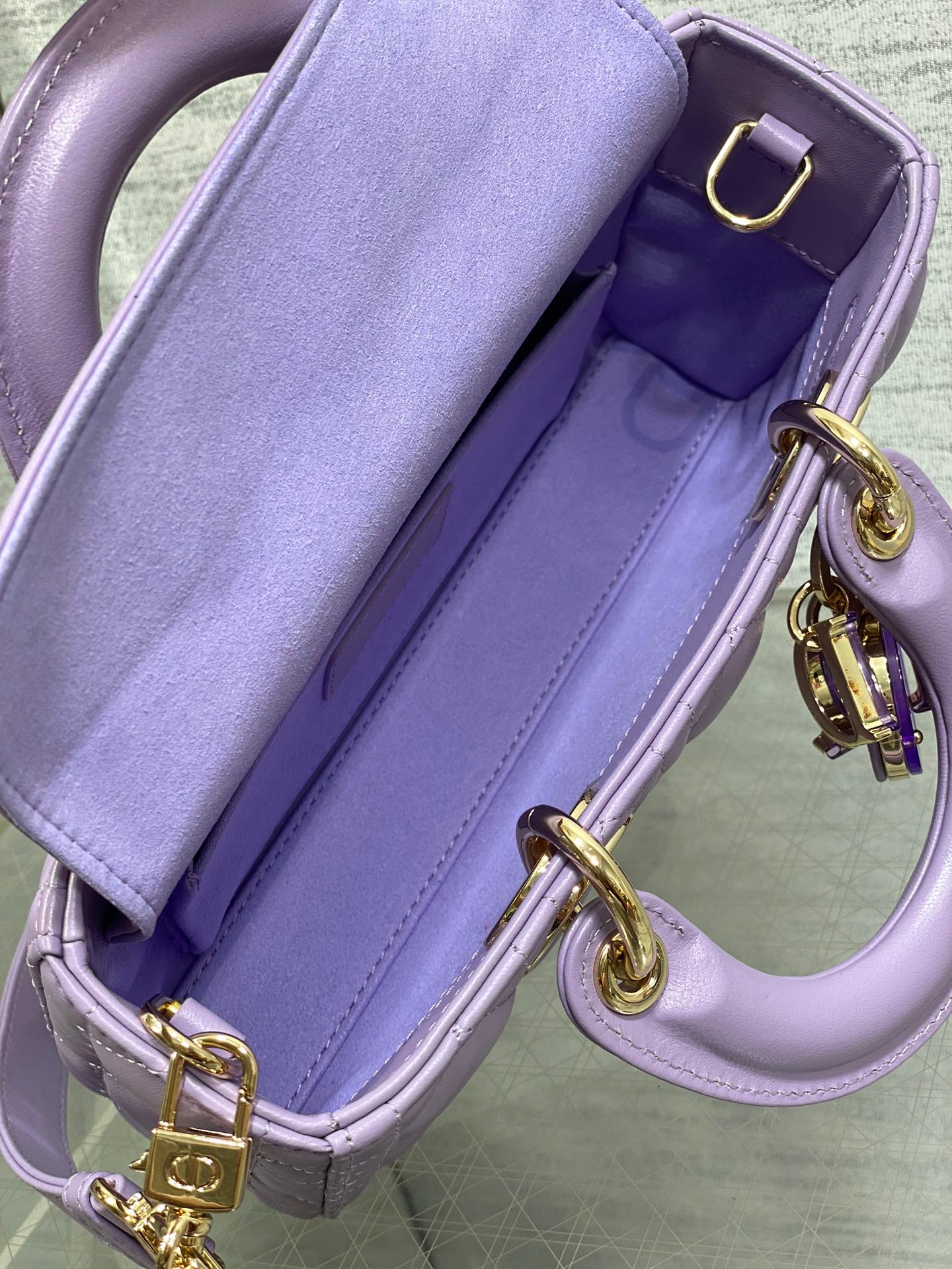Dior Lavender Quilted Leather Handbag with Detachable Shoulder Strap