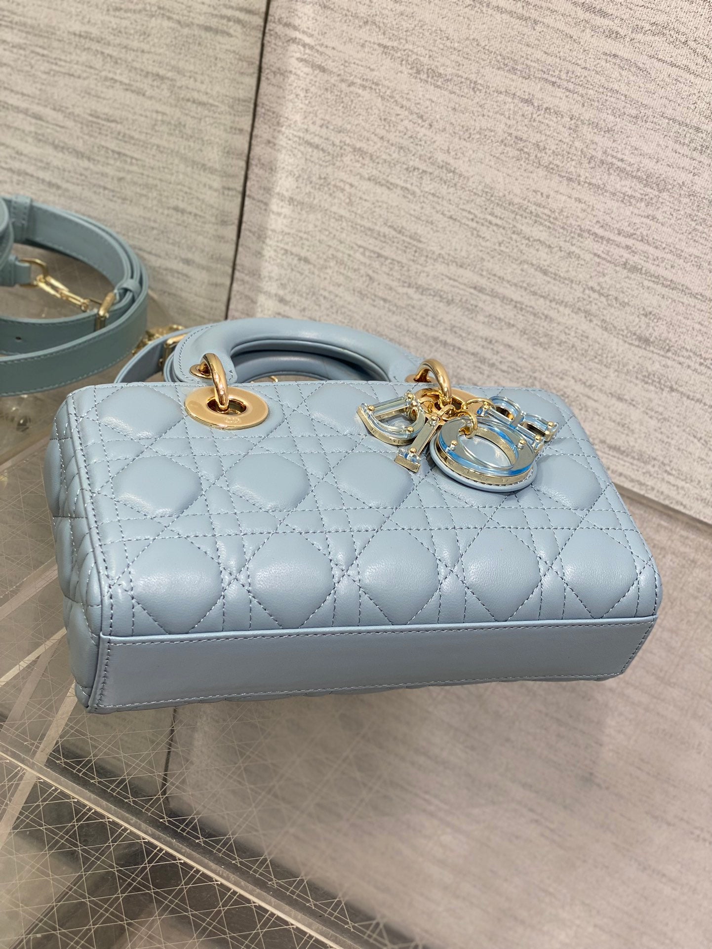 Dior Elegant Light Blue Quilted Leather Crossbody Bag with Top Handle