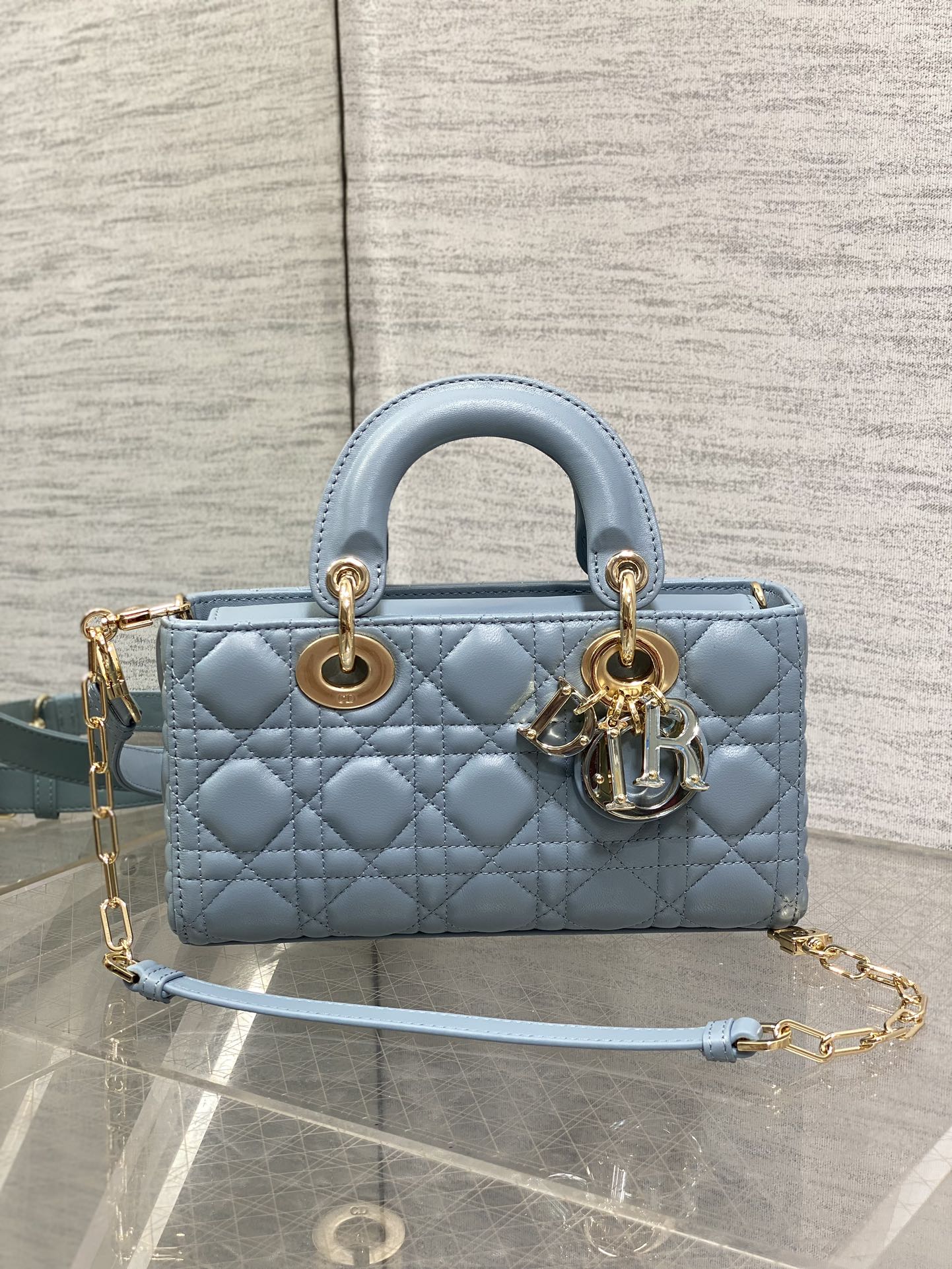 Dior Elegant Light Blue Quilted Leather Crossbody Bag with Top Handle
