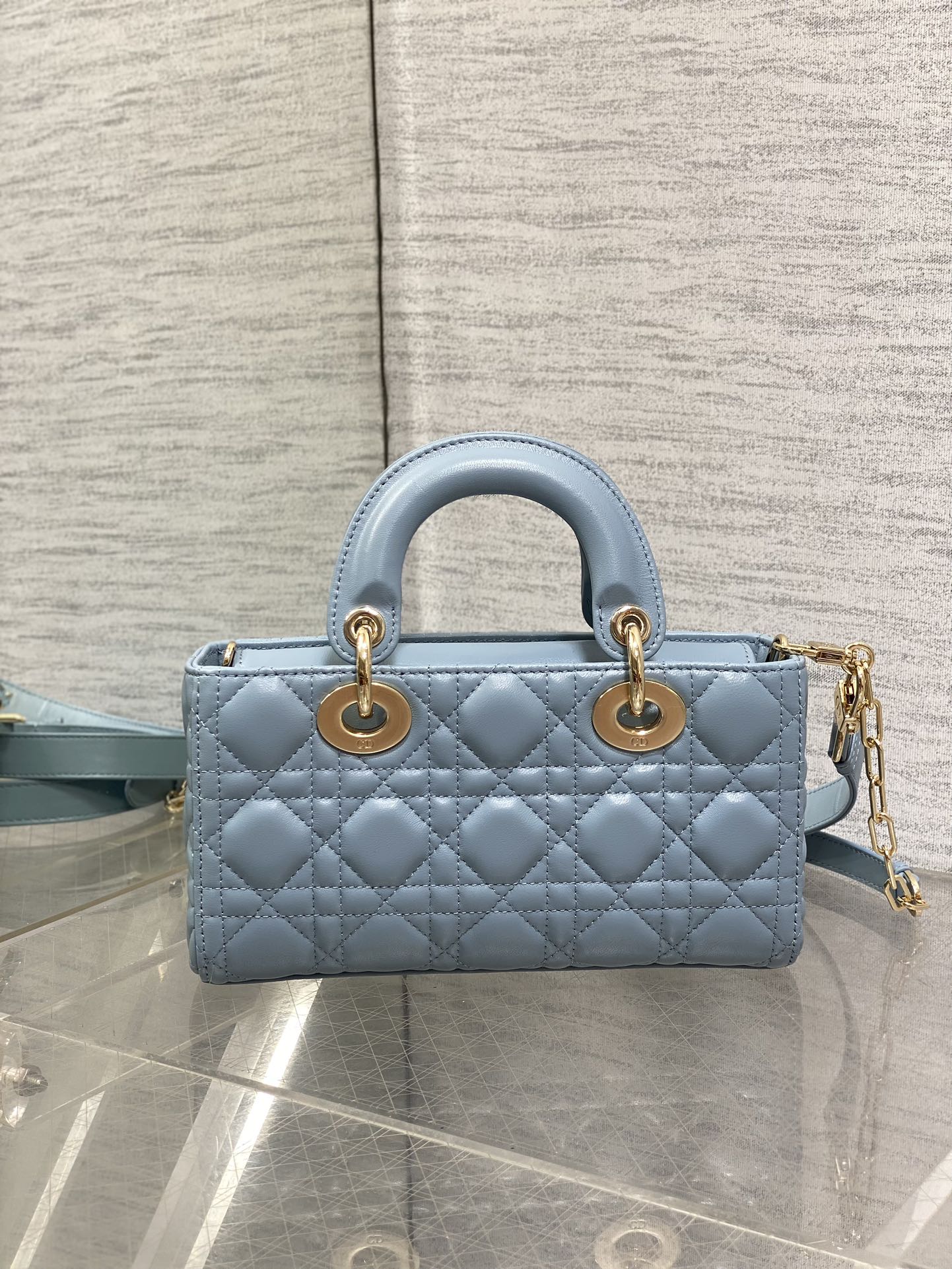 Dior Elegant Light Blue Quilted Leather Crossbody Bag with Top Handle