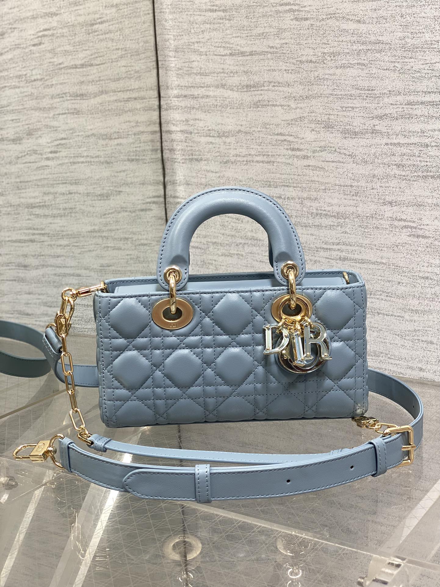 Dior Elegant Light Blue Quilted Leather Crossbody Bag with Top Handle