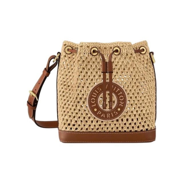 Louis Vuitton Boho Woven Straw Drawstring Bucket Bag with Leather Trim