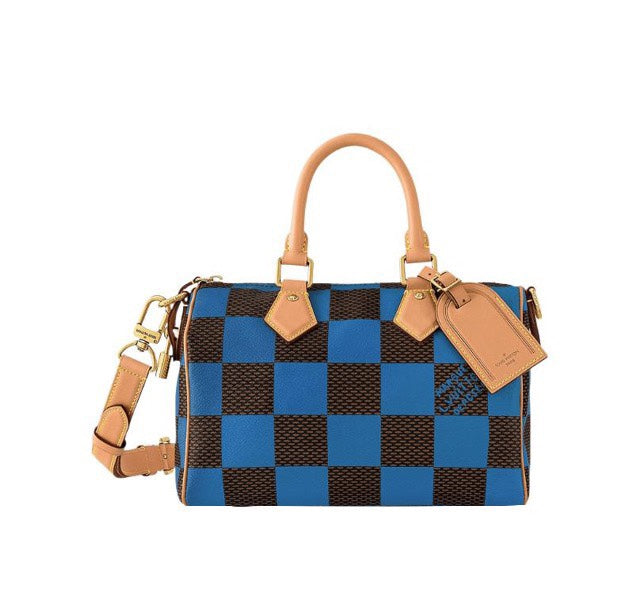 Louis Vuitton Blue and Brown Checkerboard Leather Duffle Bag with Shoulder Strap