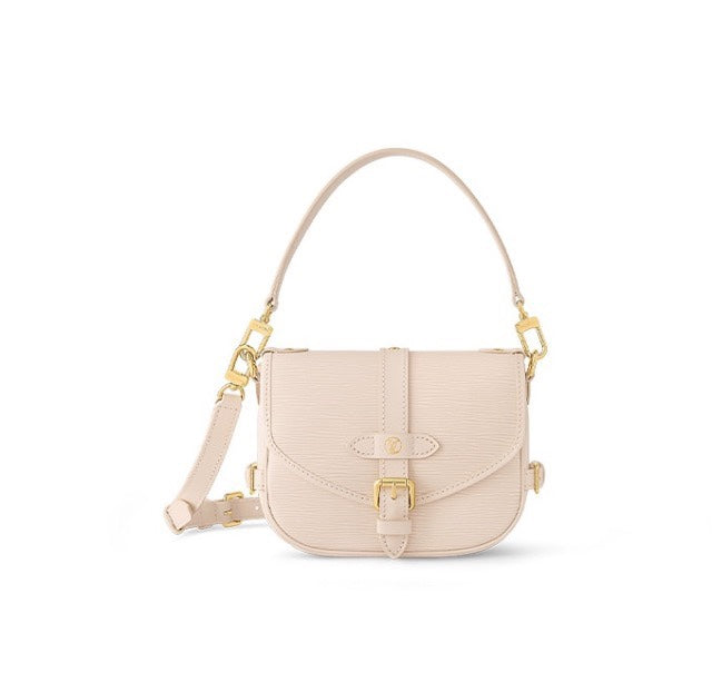 Louis Vuitton Elegant Pale Pink Leather Crossbody Saddle Bag with Gold Hardware