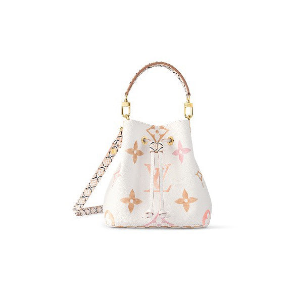 Louis Vuitton White Leather Drawstring Bucket Bag with Pastel Geometric Print
