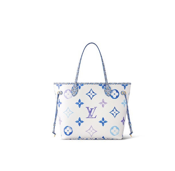 Louis Vuitton Designer White Canvas Tote Bag with Blue and Purple Monogram Print