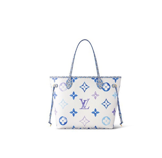 Louis Vuitton Designer White Canvas Tote Bag with Blue and Purple Monogram Print