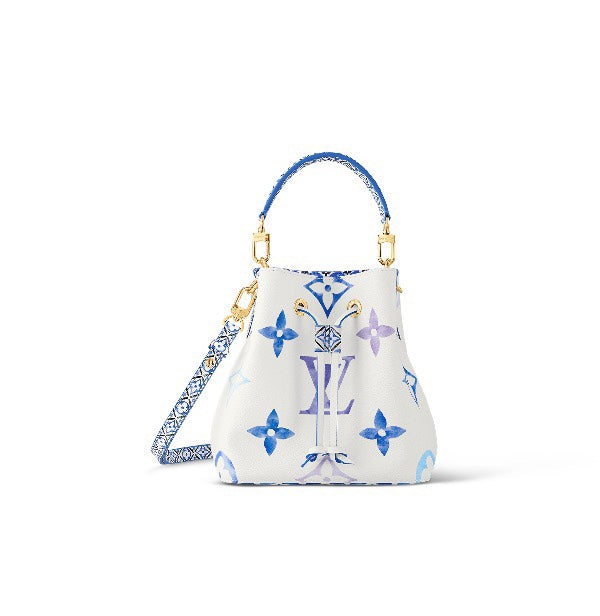 Louis Vuitton White and Blue Monogram Drawstring Bucket Bag with Top Handle