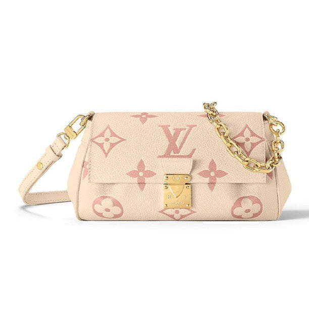 Louis Vuitton Elegant Beige Embossed Leather Shoulder Bag with Gold Chain
