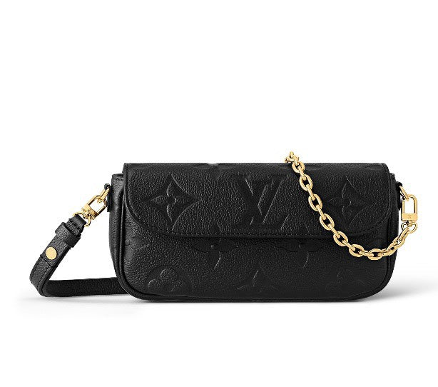 Louis Vuitton Black Embossed Leather Shoulder Bag with Gold Chain Strap