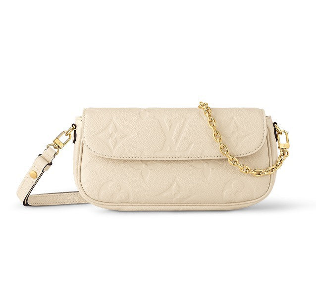 Louis Vuitton Elegant Beige Embossed Leather Shoulder Bag with Gold Chain