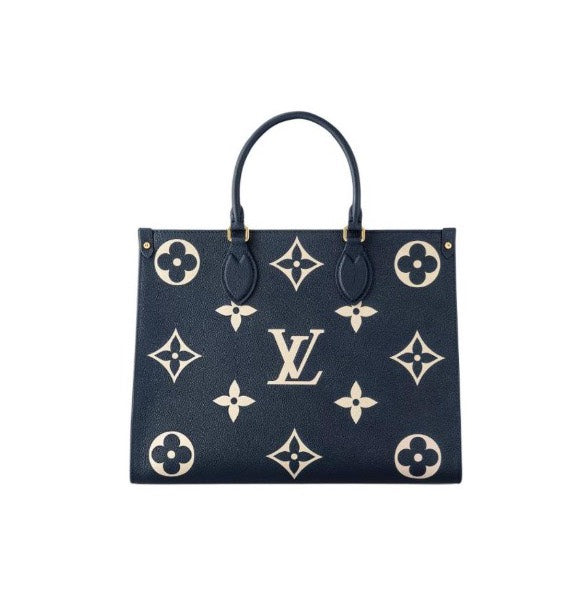 Louis Vuitton Elegant Navy Blue Leather Tote Bag with Floral Monogram Pattern