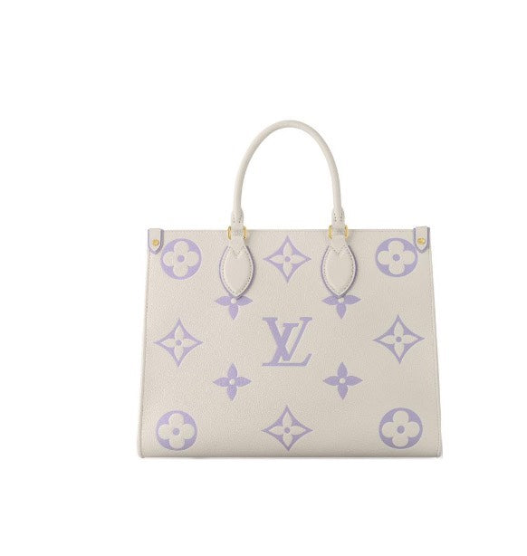 Louis Vuitton Elegant Cream Leather Tote Bag with Purple Monogram Print