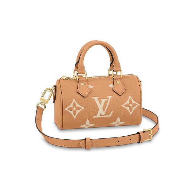 Louis Vuitton Classic Tan Monogram Mini Duffle Handbag with Adjustable Shoulder Strap