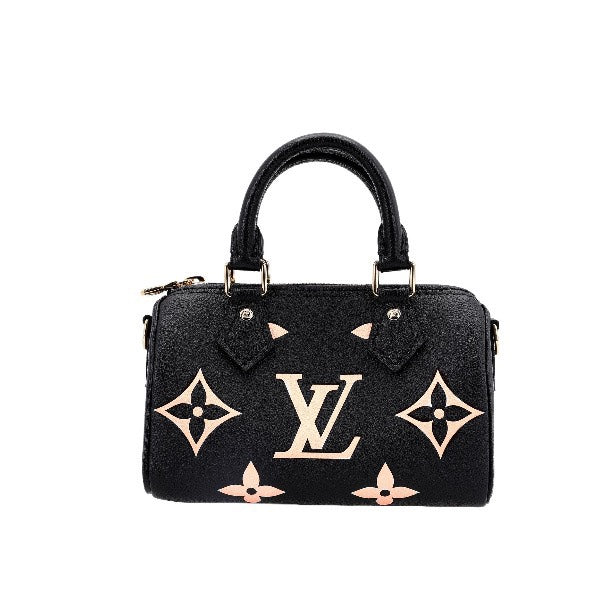 Louis Vuitton Elegant Black Mini Barrel Handbag with Gold Monogram Motifs
