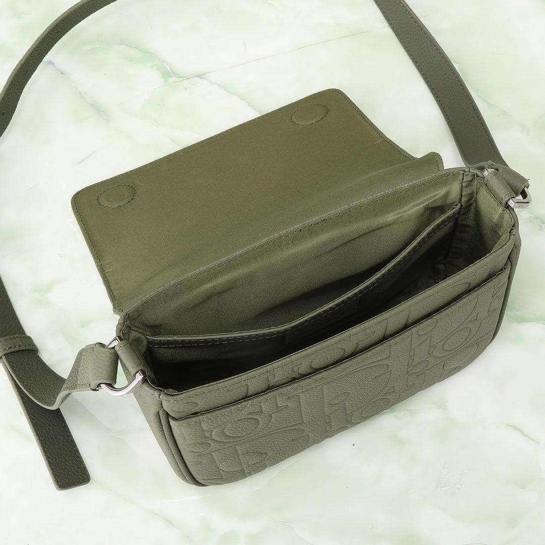 Dior Olive Green Embossed Leather Messenger Bag with Adjustable Strap