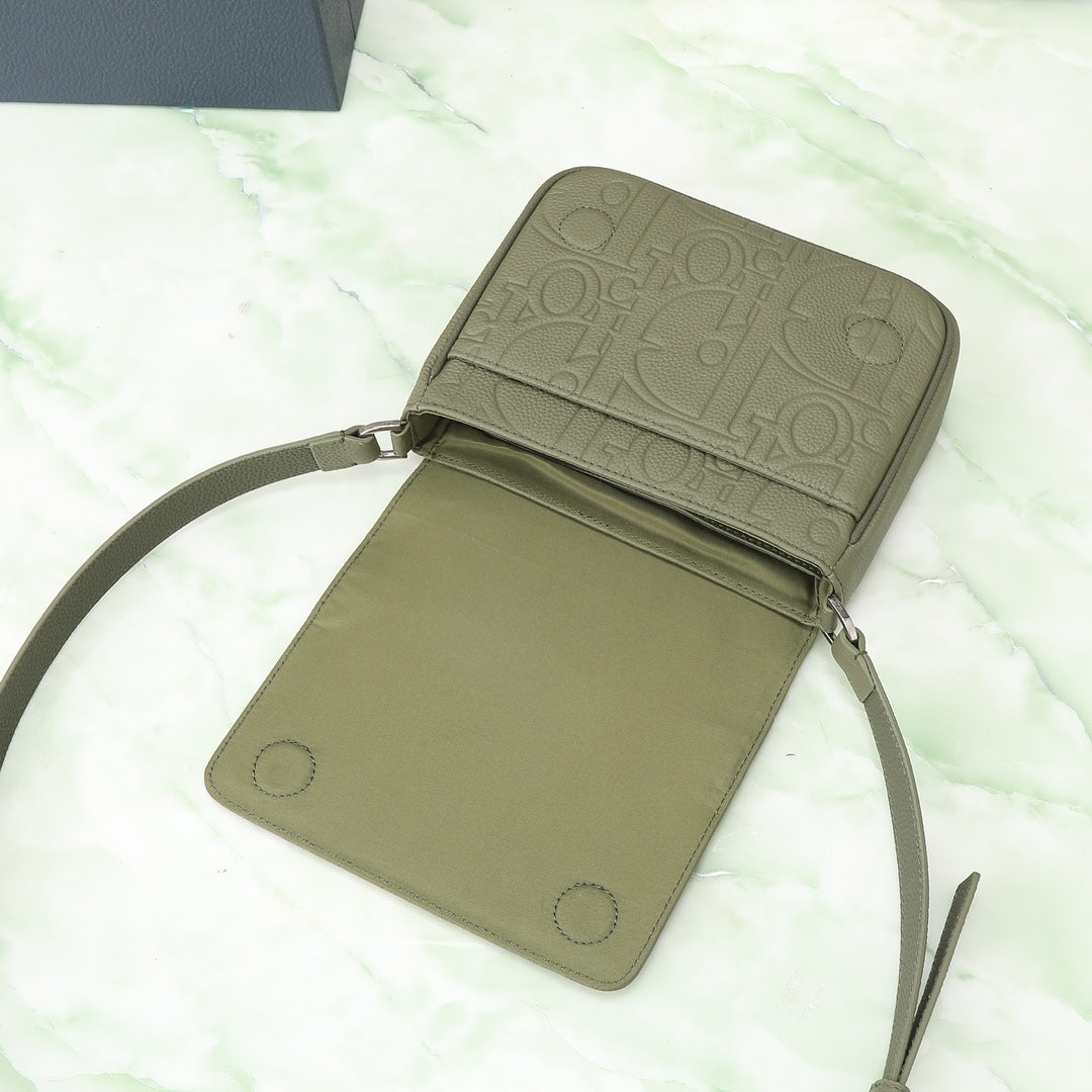 Dior Olive Green Embossed Leather Messenger Bag with Adjustable Strap
