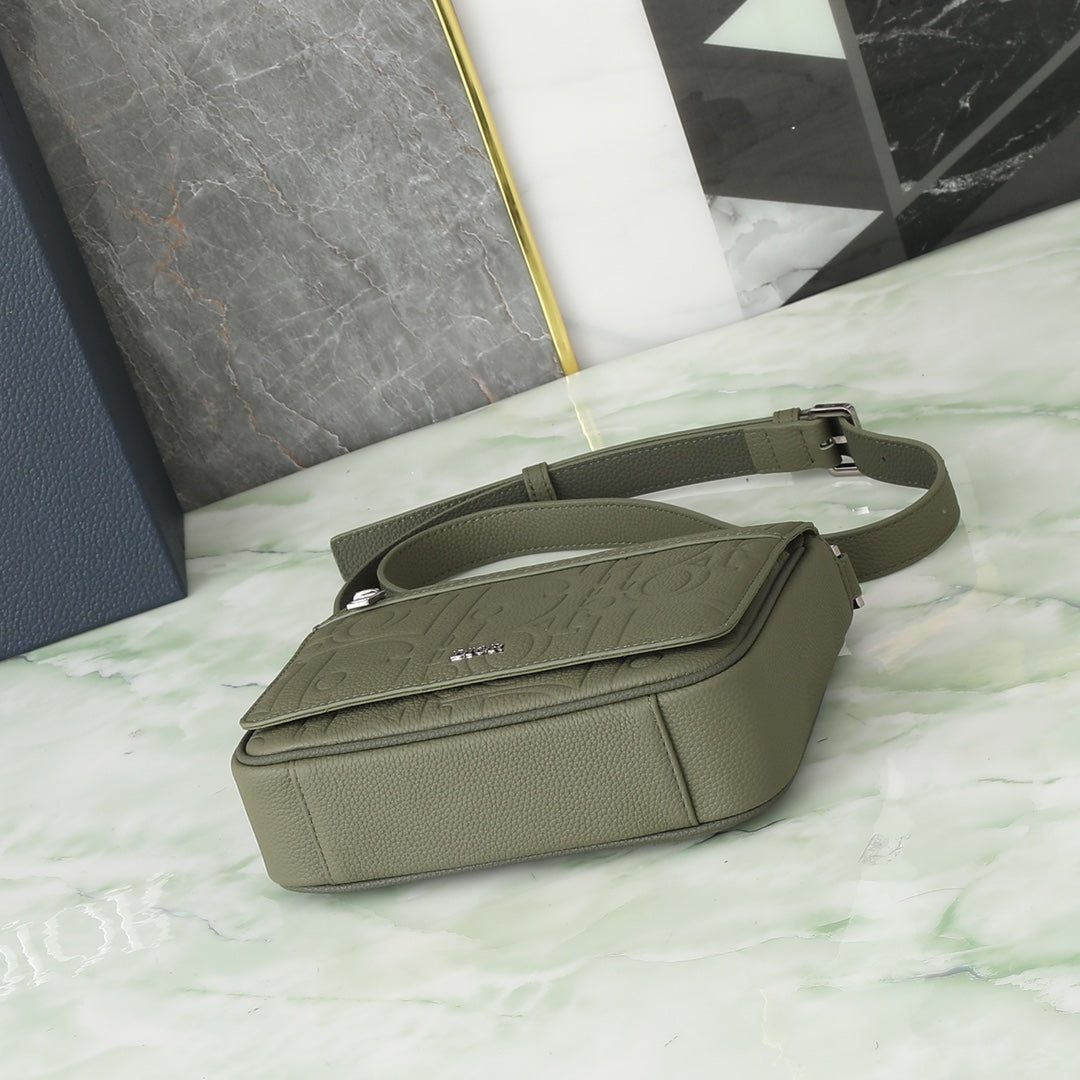 Dior Olive Green Embossed Leather Messenger Bag with Adjustable Strap