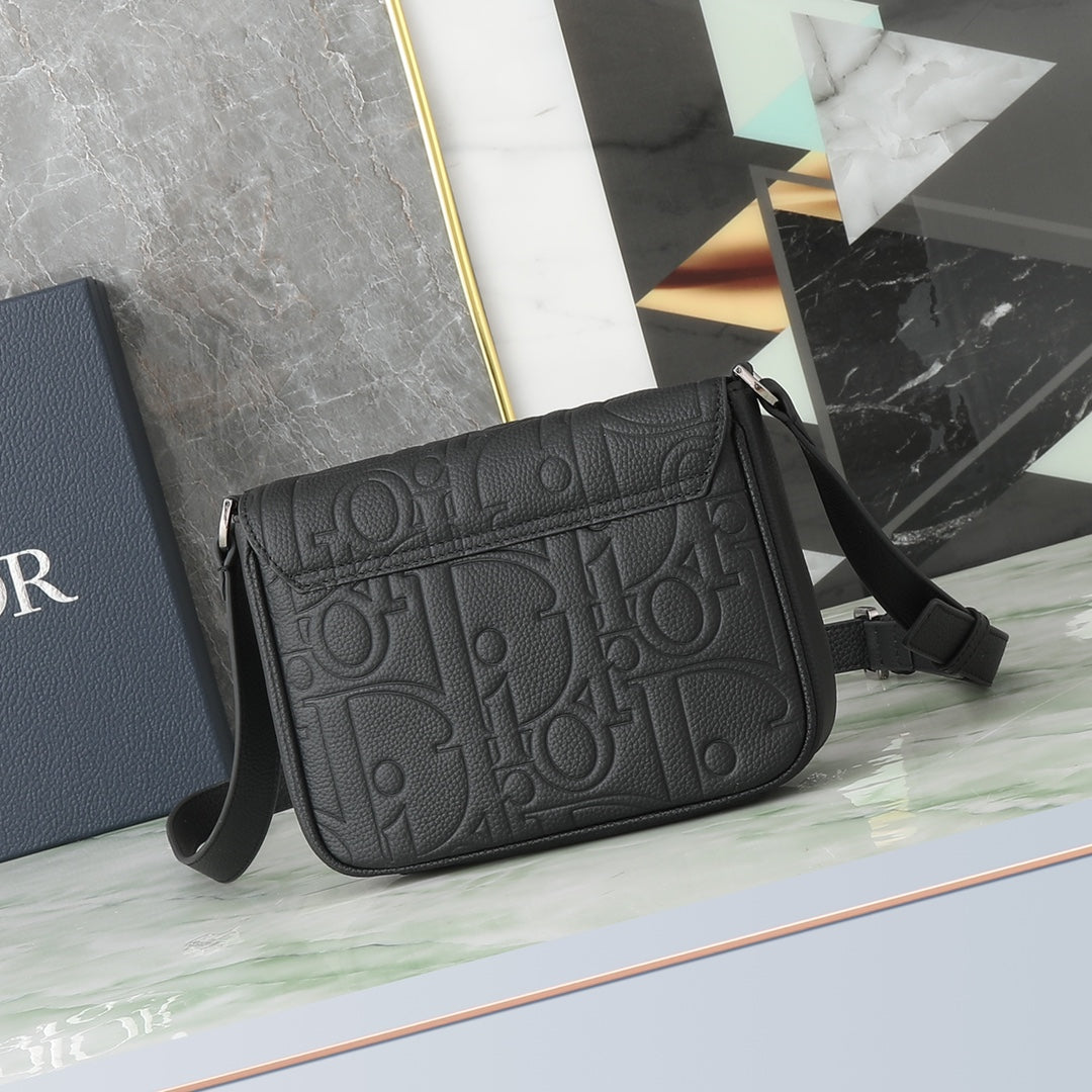 Dior Black Embossed Monogram Leather Crossbody Messenger Bag