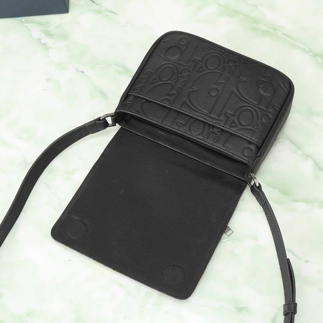 Dior Black Embossed Monogram Leather Crossbody Messenger Bag
