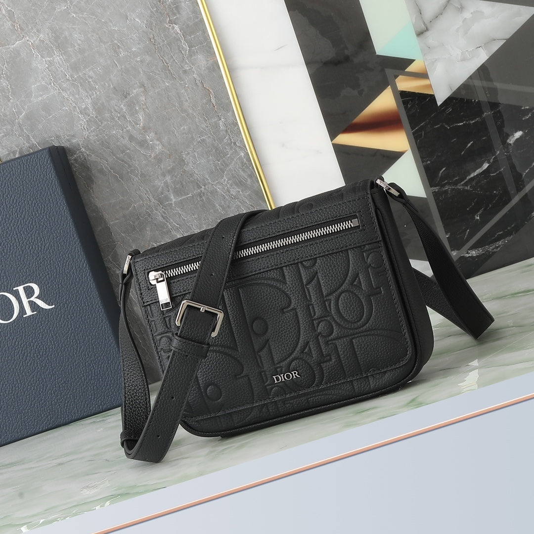 Dior Black Embossed Monogram Leather Crossbody Messenger Bag