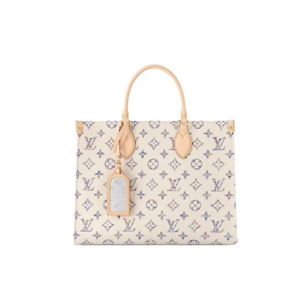 Louis Vuitton White Monogram Canvas Tote Bag with Beige Leather Handles