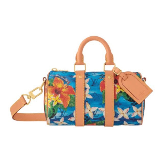 Louis Vuitton Blue Tropical Floral Mini Duffle Bag with Tan Leather Trim