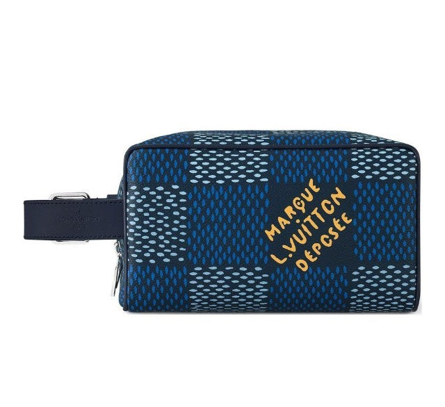 Louis Vuitton Blue Checkered Travel Toiletry Bag Dopp Kit with Handle