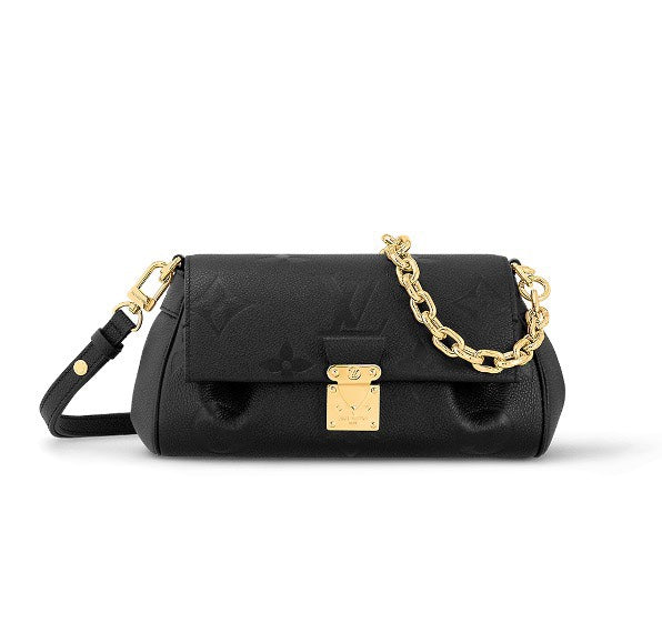 Louis Vuitton Elegant Black Embossed Leather Flap Bag with Gold Chain