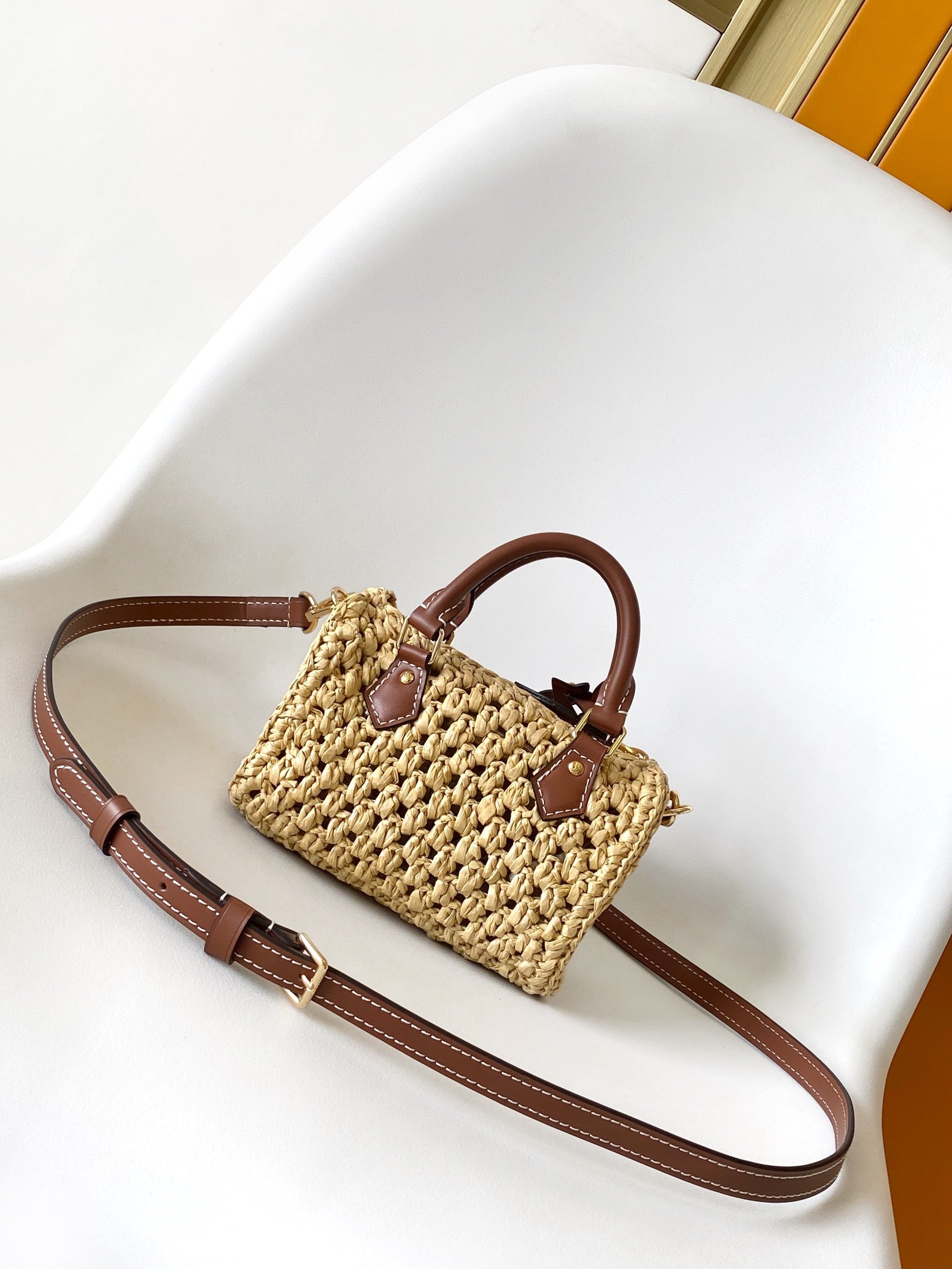 Louis Vuitton Summer Woven Straw Mini Barrel Crossbody Bag with Leather Trim
