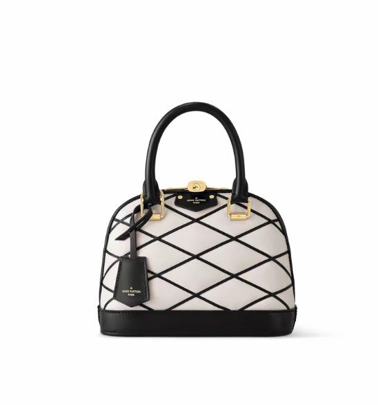 Louis Vuitton Elegant Black and White Diamond Lattice Dome Satchel Bag