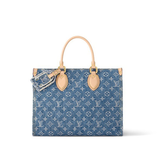 Louis Vuitton Classic Blue Denim Monogram Pattern Tote Handbag with Leather Handles
