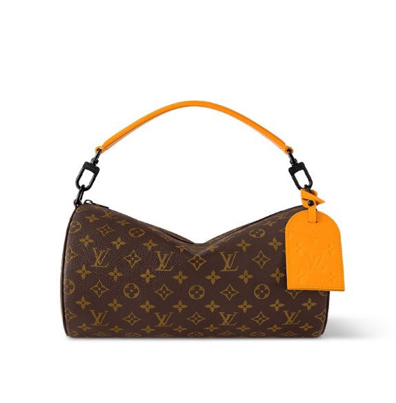 Louis Vuitton Monogram Print Canvas Shoulder Bag with Orange Leather Strap