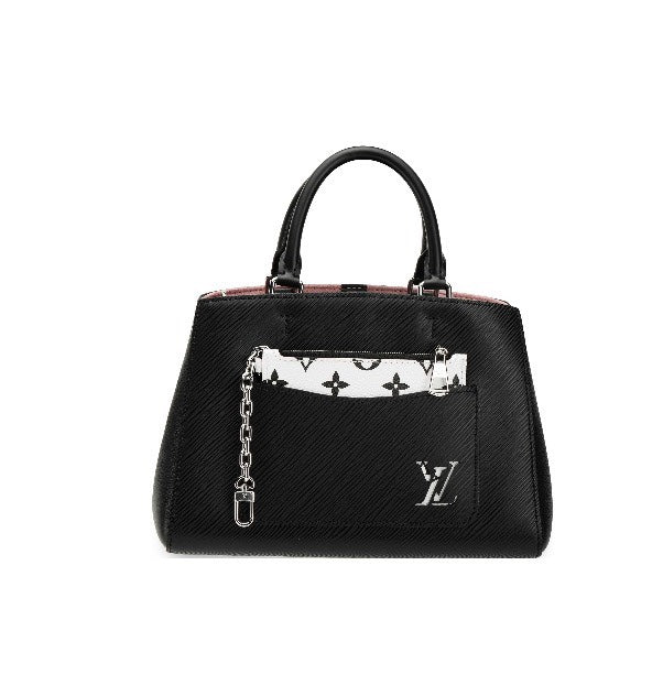 Louis Vuitton Black Top Handle Handbag with Silver Chain and Patterned Front Pocket
