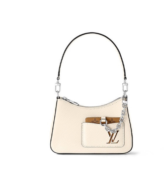 Louis Vuitton Cream Leather Crescent Shoulder Bag with Silver Chain Strap