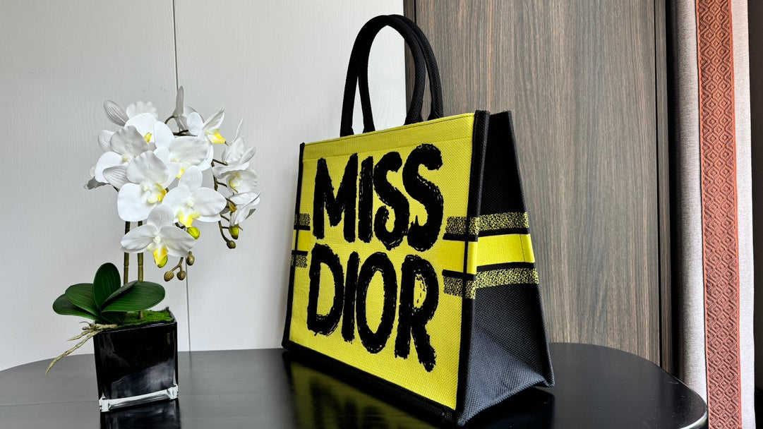 Dior Yellow and Black Graffiti Text Print Canvas Tote Bag with Top Handles