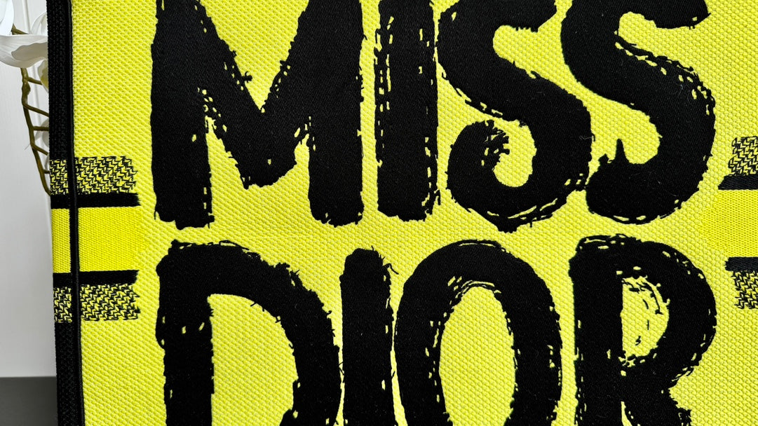 Dior Yellow and Black Graffiti Text Print Canvas Tote Bag with Top Handles