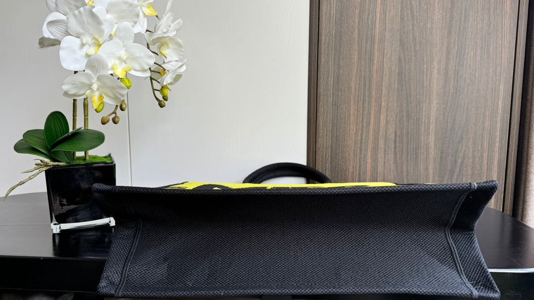 Dior Bright Yellow Graffiti Graphic Print Canvas Tote Bag with Top Handles