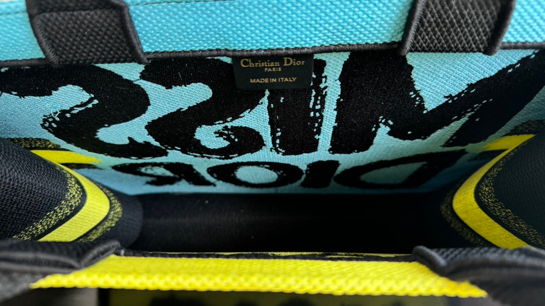 Dior Yellow and Black Graffiti Text Print Canvas Tote Bag with Top Handles
