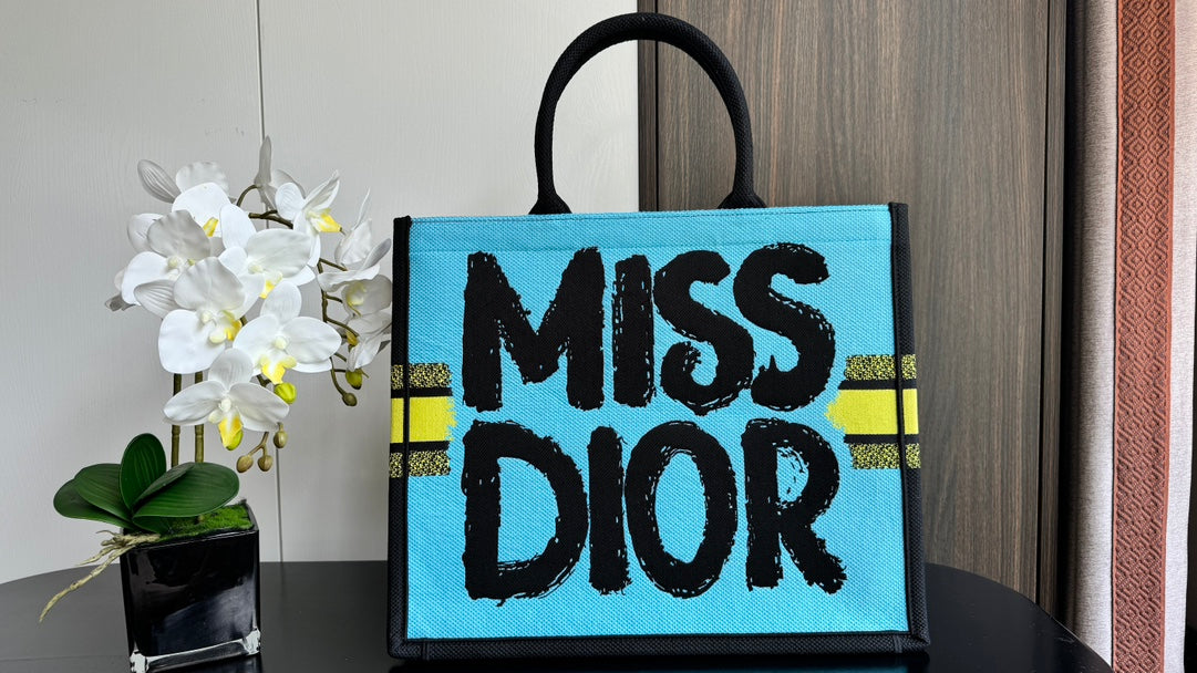 Dior Bright Yellow Graffiti Graphic Print Canvas Tote Bag with Top Handles