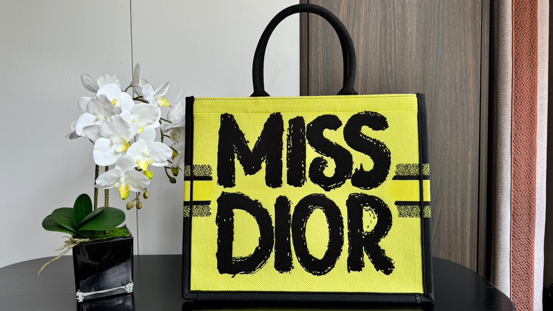 Dior Bright Yellow Graffiti Graphic Print Canvas Tote Bag with Top Handles