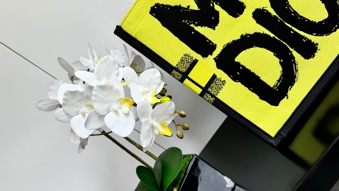 Dior Bright Yellow Graffiti Graphic Print Canvas Tote Bag with Top Handles