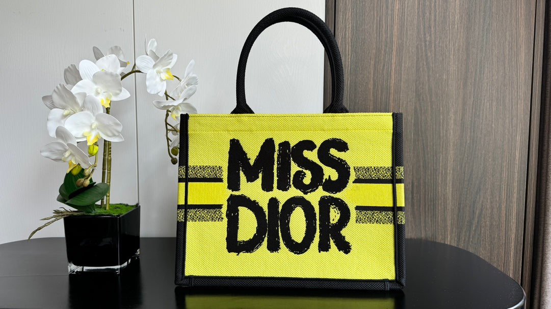 Dior Vibrant Yellow Canvas Tote Bag with Black Graffiti Print