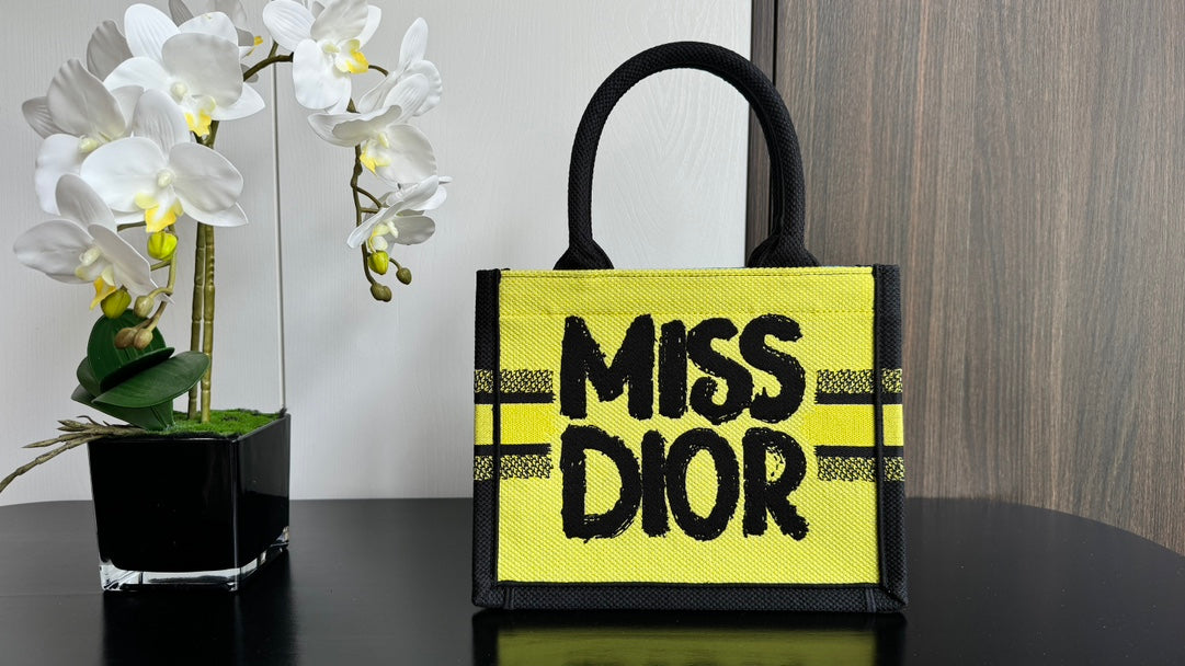 Dior Yellow and Black Graffiti Print Canvas Top Handle Tote Bag