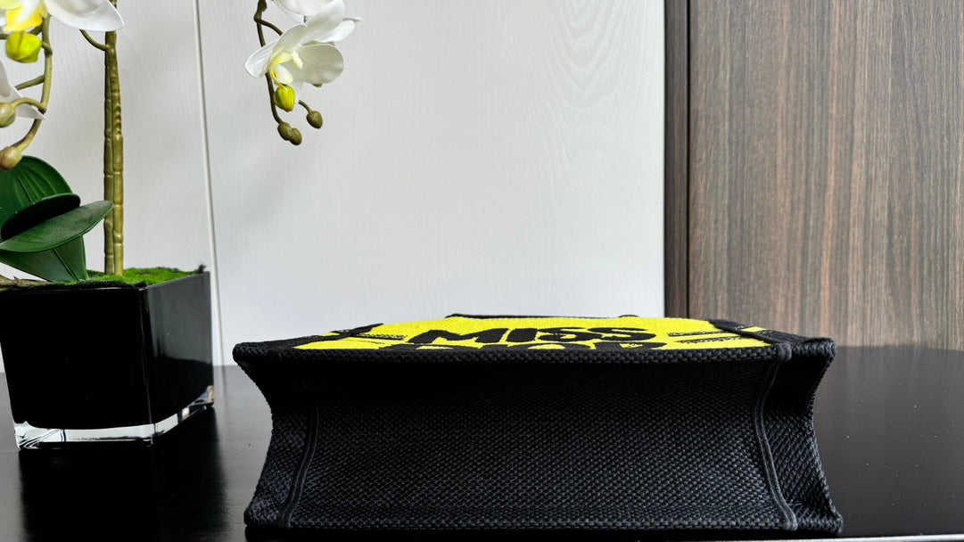 Dior Yellow and Black Graffiti Print Canvas Top Handle Tote Bag