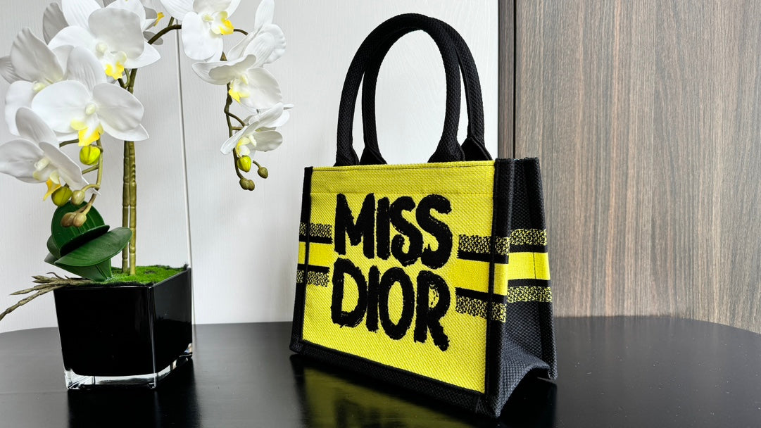 Christian Dior Miss Dior Mini Book Tote - Yellow and Black Embroidered Canvas