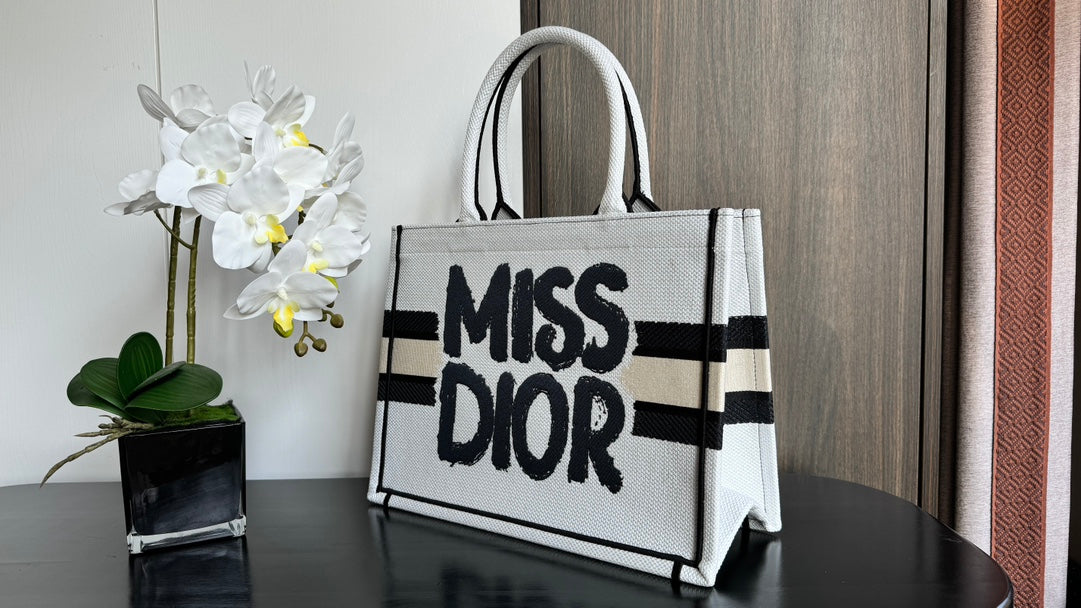 Dior Graffiti Print White Canvas Tote Bag with Stripe Accent Handbag
